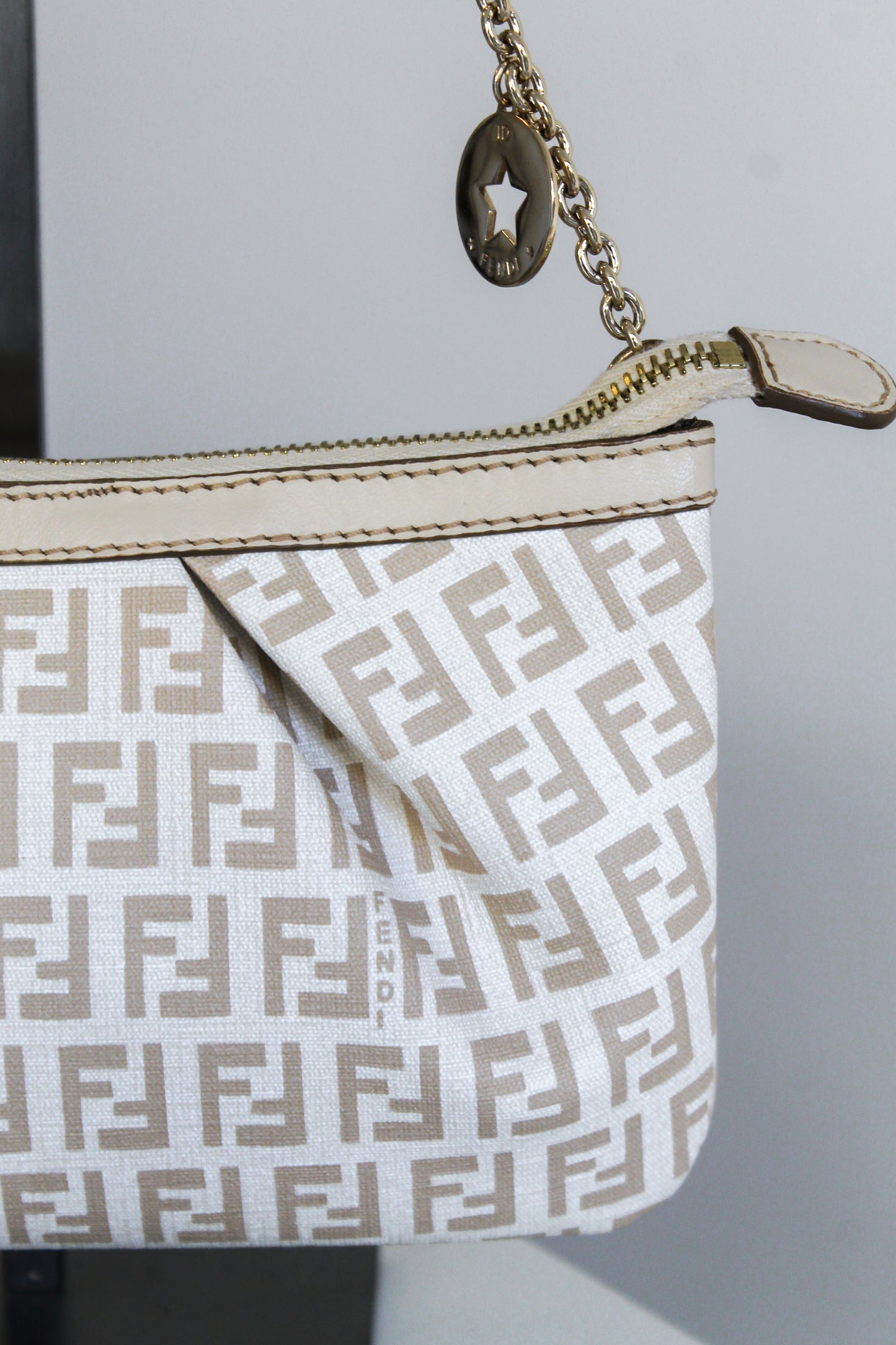 Fendi Beige Zucchino Charm Chain Pochette