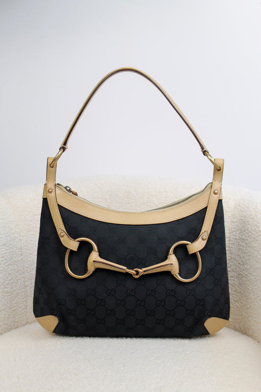 Gucci Horsebit Black Canvas Shoulder bag