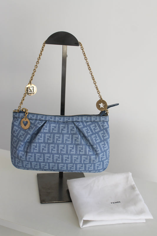 Fendi Blue Zucchino Charm Chain Pochette