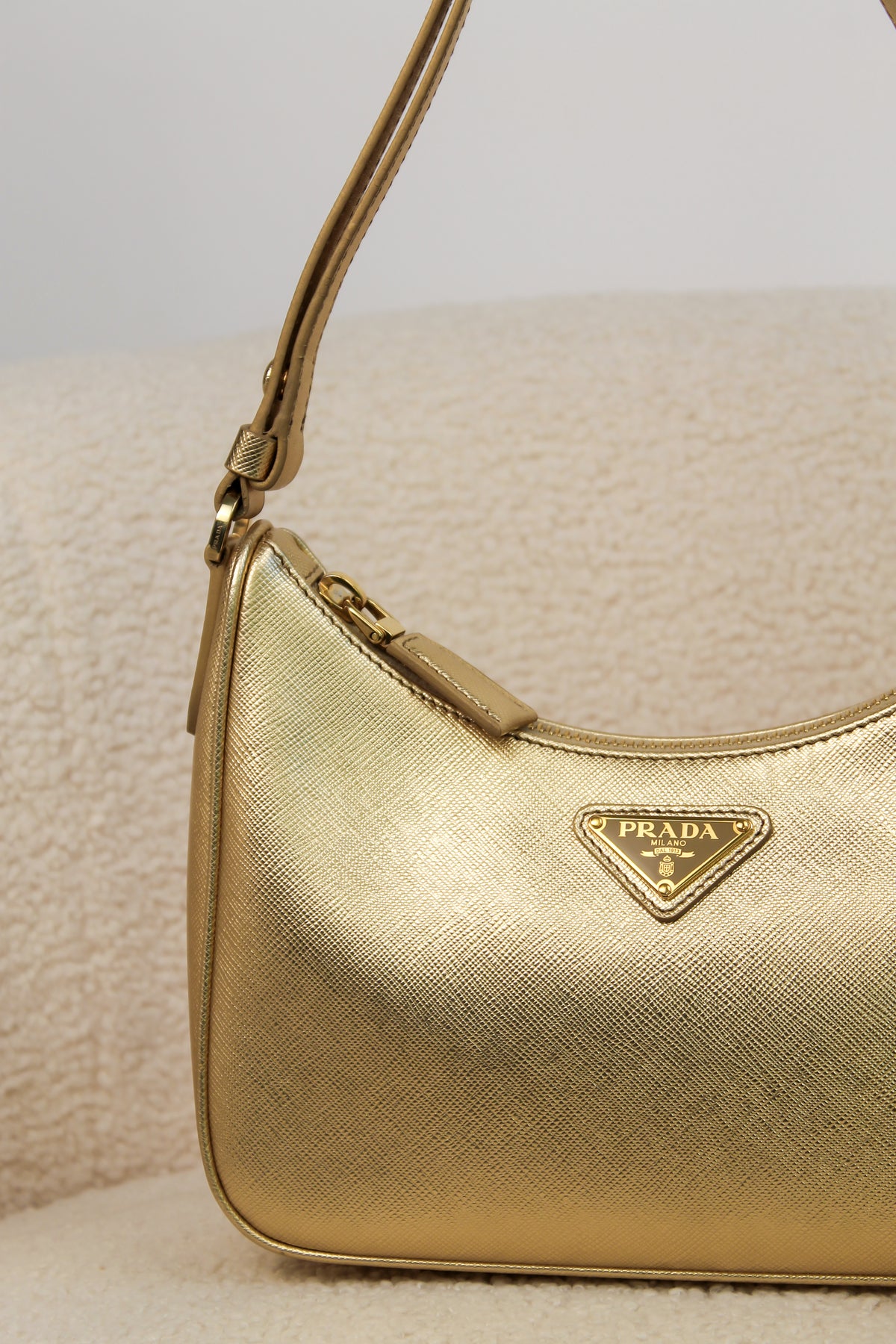 Prada Re-Edition Gold Saffiano Leather Mini Bag