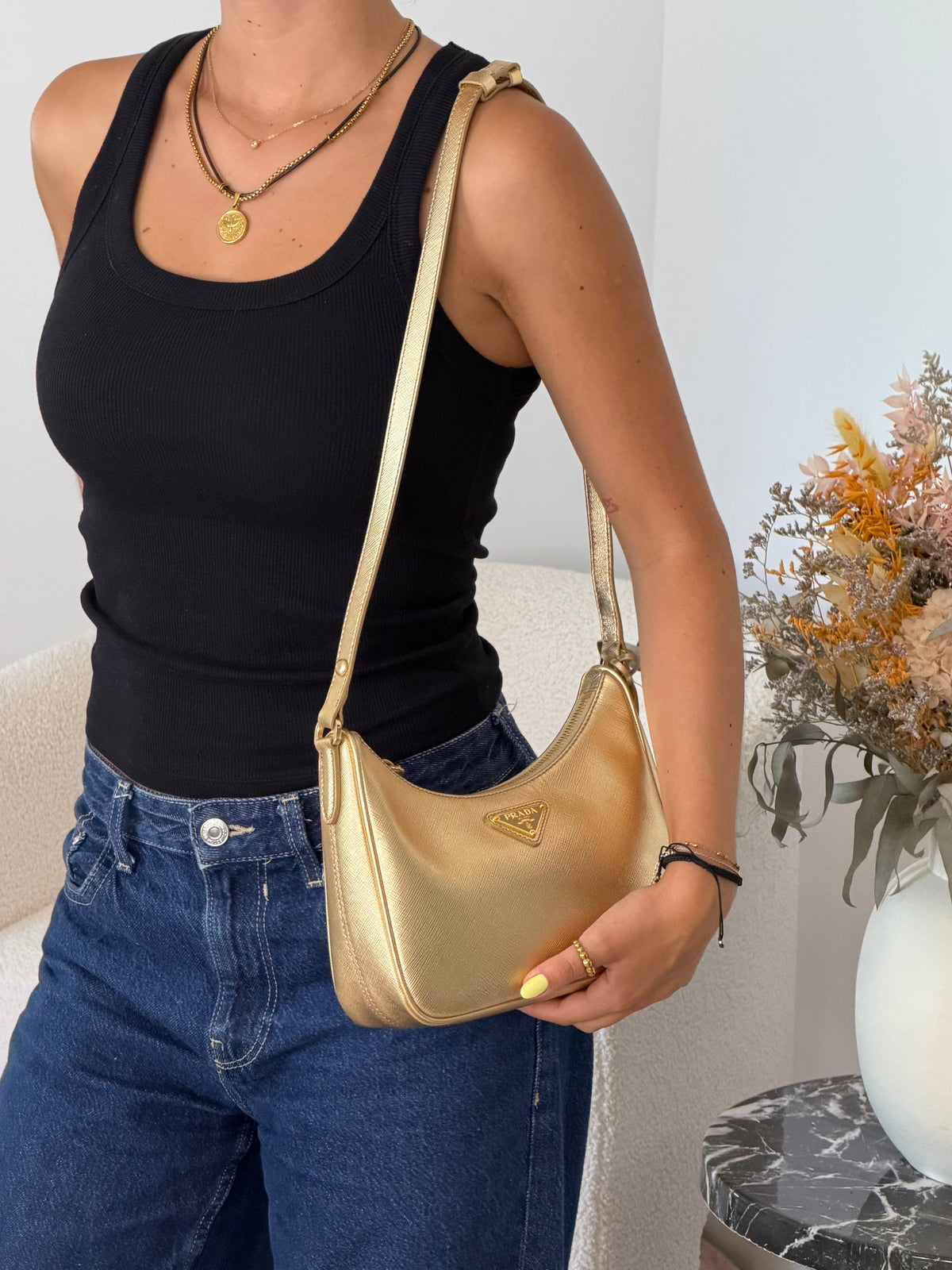 Prada Re-Edition Gold Saffiano Leather Mini Bag